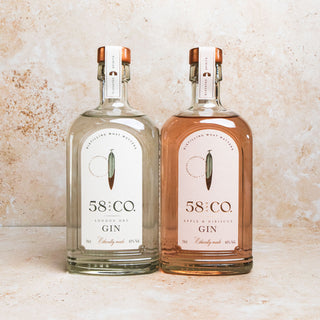 Two bottles of 58 and CO London Dry Gin + Apple & Hibiscus Pink Gin Duo (2 x 70cl) on a textured surface with a neutral background