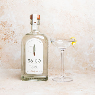 Bottle of 58 and CO London Dry Gin with a GIN MARTINI COCKTAIL on a textured beige background