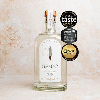 Bottle of 58 and CO London Dry Gin with great taste, gin masters and iwsc awards on a beige background