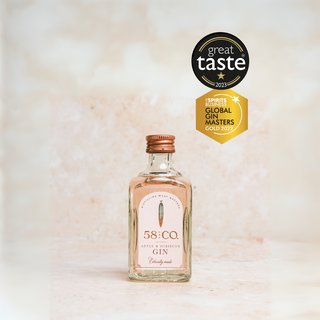 Bottle of 58 and CO Apple & Hibiscus Pink Gin Miniature Bottle | Mini Spirit 5cl with awards on a light background