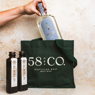58 and CO Navy Strength Gin and Tonic Gift Set including a 70cl bottle of our signature London Dry Gin, 2 bottles of Le Tribute artisanal Spanish tonic water and a 58 and CO Mini Tote Bottle Bag.
