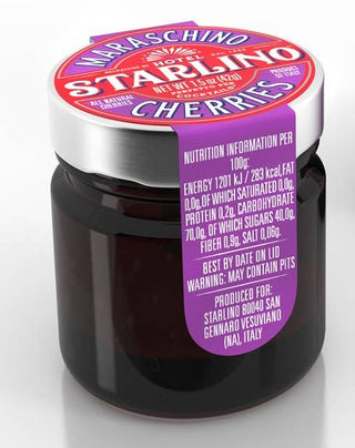 Hotel Starlino Italian Maraschino Cocktail Cherries (42g Mini Jar) On a white background