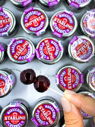 Hotel Starlino Italian Maraschino Cocktail Cherries (42g Mini Jar) with 2 cocktail cherries on a stick