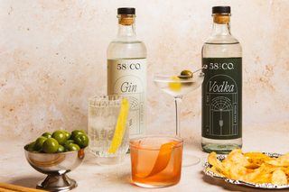 Bottles of 58 and Co House Pour Gin and Vodka with a cocktail and snacks on a textured surface