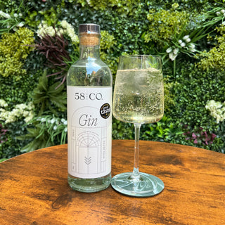 A bottle of 58 and CO Gin and a Hugo Spritz cocktail in a stemmed glass, set on a wooden table in front of a green foliage wall.