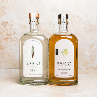 Two bottles of 58 and Co. London Dry gin and bianco vermouth on a textured surface