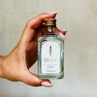 58 and CO Mini Bottle of London Dry Gin being held up to camera