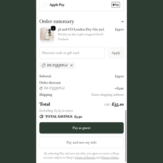 Order summary screen showing how 58 and CO discount code is used