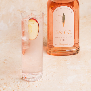 Bottle of 58 and CO Apple and Hibiscus Pink Gin with a glass of pink gin and tonic cocktail on a textured surface