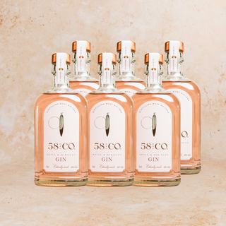 Six bottles of 58 AND CO Apple and Hibiscus Pink Gin arranged in two rows on a textured beige stone surface. The gin inside the clear glass bottles has a soft peach-pink color, and the bottles feature white labels with black text and copper-colored foil caps.
