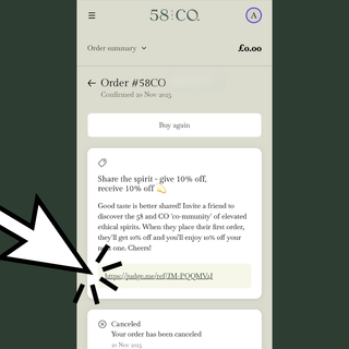 Order summary screen showing how to claim 58 and CO promo discount code using their Refer a friend program