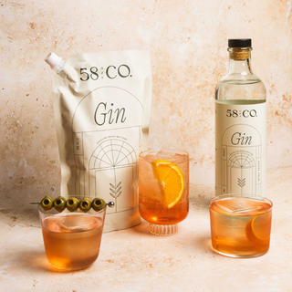 Bottle and refill pouch of 58 and Co House Pour Gin with negroni cocktails on a textured surface.