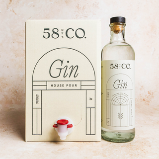 Bottle and 5L BIB of 58 & Co. Gin on a beige background