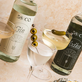 Bottles of 58 and CO House Pour Gin and Vodka with martini cocktails garnished with olives on a textured surface.