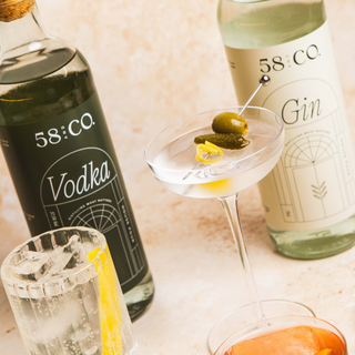 Bottles of 58 and CO House Pour Vodka and Gin with a martini cocktail glass on a light background