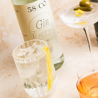 Bottle of 58 and CO House Pour Gin with a glass of gin and tonic and a martini cocktail on a light background