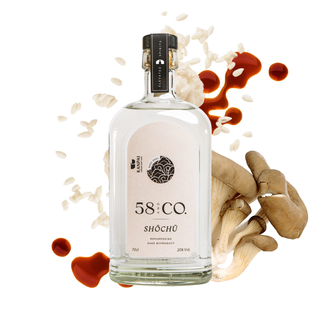 Bottle of 58 & Co KASU Shochu with mushrooms and sauce on a white background