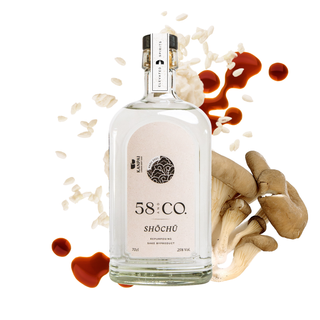 Bottle of 58 & Co kasu shochu with mushrooms and sauce on a white background