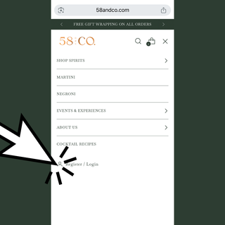 58 and CO Website navigation menu on a smartphone screen with a cursor pointer.