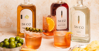 Three bottles of 58 and CO Vermouth, Bitter, and Gin with Negroni cocktails and garnishes on a light background