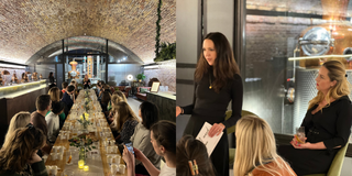 Interior of 58 and CO distillery with long tables and people sitting at an event , Sarah Vachon speaking to the audience, and Carmen O'Neal holding a drink.