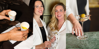 Three images: a person holding a martini cocktail, Carmen O'Neal and Sarah Vachon holding martinis, and a close-up of olive oil tasting.
