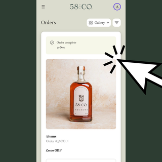 Phone screen showing a bottle of 58 and CO Negroni with an order confirmation message.