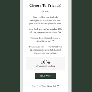 Promotional email with referral link and discount offer showing how to claim 58 and CO discount code