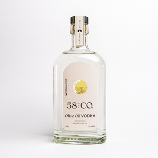 Bottle of 58 and Co South African Olive Oil Vodka on a white background