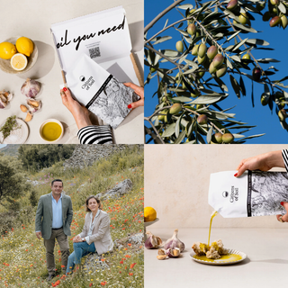 A four-panel collage promoting a single-variety bag of olive oil. The top-left panel shows hands holding the white and black patterned bag with the text 'oil you need' next to ingredients like garlic, lemons, and a bowl of oil.