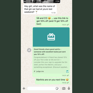 Text message conversation with a promotional link and discount offer for 58 and CO website