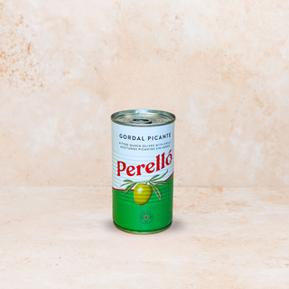 A can of Perello Gordal Picante Olives against a neutral background.